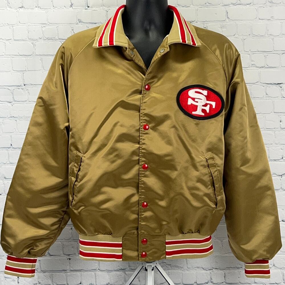 Vintage 80s San Francisco 49ers Satin Bomber Jacket L Large Gold Stahl-Urban NFL
